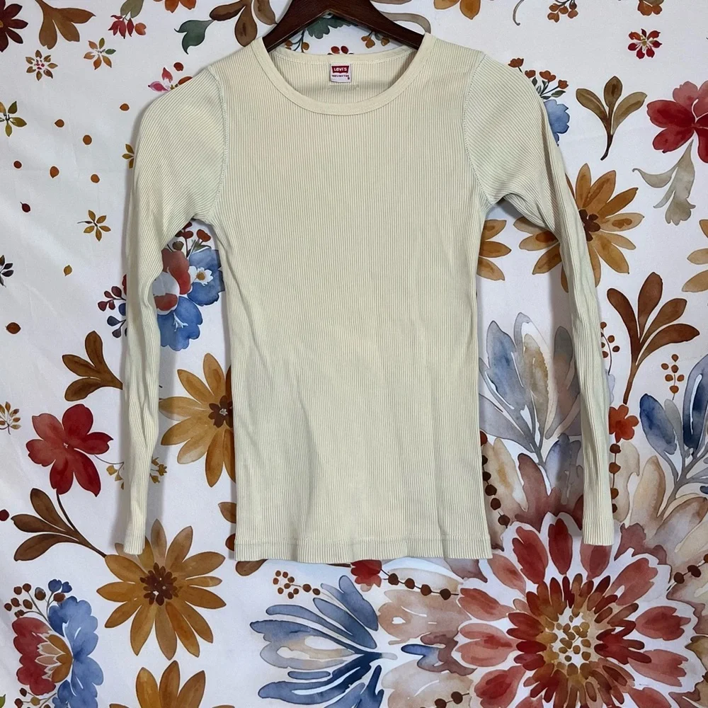 Levi’s Girls S Cream Ribbed Long Sleeve Tunic Tee Fall Winter Spring 100% Cotton